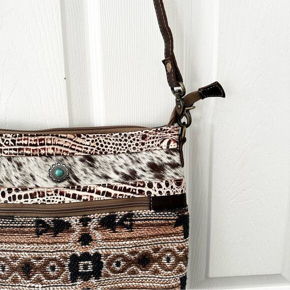Myra Junoesque Brown Taupe Cream Mixed Media Stitched Crossbody Messenger Bag - Picture 6 of 11